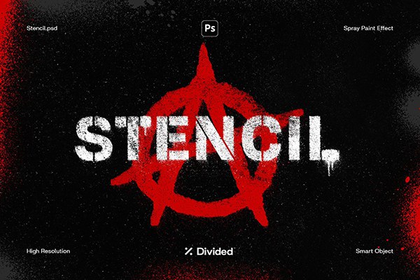 【PSD模板】文本Logo图形模拟喷漆喷涂纹理效果PSD模板 Divided – Stencil
