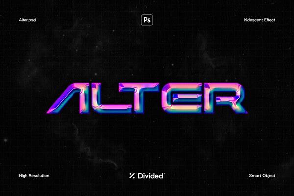 【PSD模板】全息霓虹酸性渐变3D立体Logo图形文本样式PSD模板 Divided – Alter