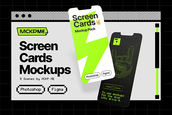 【PS样机】9款卡片式刘海屏手机APP应用UI界面设计作品展示贴图样机 Screen Cards Mockup Pack