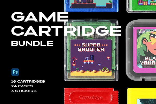 【PS样机】老式复古游戏卡带磁带记忆卡透明包装盒展示PS贴图样机 Game Cartridge Mockup Bundle Retro