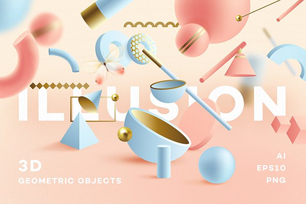 【矢量素材】80款梦幻色彩3D立体几何图形抽象艺术元素矢量设计素材 Illusion- 3D Geometric Objects