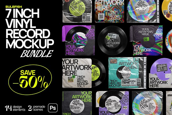 【PS样机】3套复古黑胶音乐唱片电音CD专辑包装设计展示PS贴图样机 7 Inch Vinyl Record – Mockups Bundle