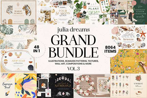 【图片素材】8064个淡雅时尚轻奢自然抽象艺术水彩插画手绘装饰图形无缝图案矢量纹理图片素材合集 8064 in 1 – Graphics Grand Bundle
