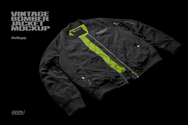 【PS样机】复古飞行员圆领拉链夹克衫服饰外套PS贴图样机 Vintage Bomber Jacket Mockup