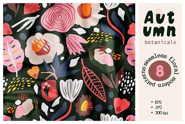 【矢量素材】时尚优雅秋季植物树叶花卉无缝图案插画设计矢量素材 Autumn Botanicals Collection