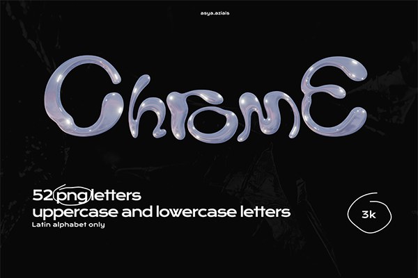 【PNG素材】52款酸性艺术镀铬抽象渐变纹理大小写3D英文字母创意PNG素材 Chrome Alphabet