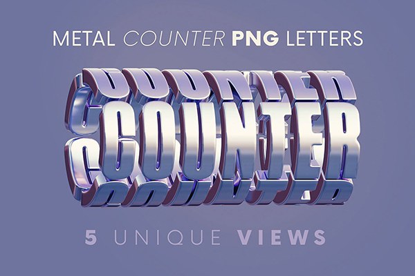 【PNG素材】44款科幻金属光泽纹理3D立体字母数字符号PNG设计素材 Metal Counter – 3D Lettering