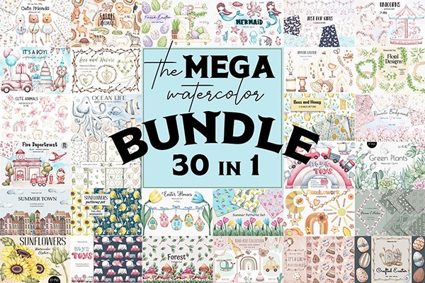 【图片素材】28套儿童绘画水彩涂鸦花鸟绿叶动物玩具PNG剪贴素材无缝图案套装合集 The Mega Watercolor Bundle
