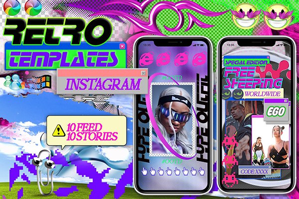 【PSD模板】街头嘻哈非主流赛博朋克复古酸性艺术INS新媒体宣传排版海报设计PSD模板 Retro templates instagram