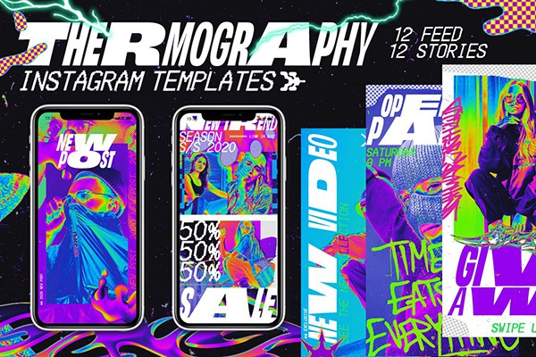 【PSD模板】12套复古酸性艺术迷幻光谱热像仪成像渐变霓虹效果新媒体电商海报设计PSD模板 Thermography Instagram Templates