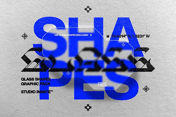 【PSD模板】潮流时尚赛博朋克半透明硫酸纸毛玻璃模糊特效PSD样机模板 Studio Innate – Glass Shapes Vol.1