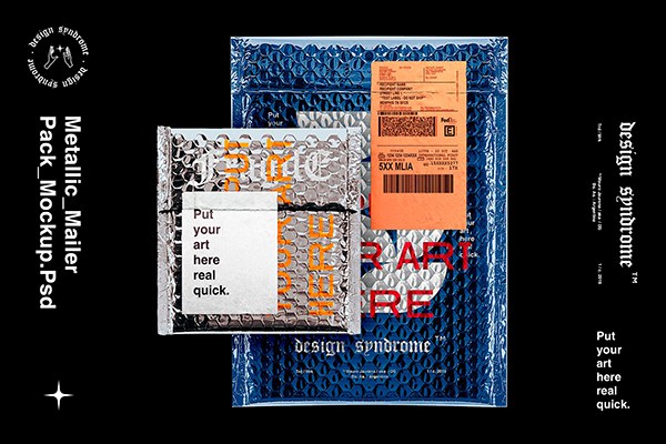 【PS样机】金属镀铝膜气泡信封袋加厚快递袋包装设计PS贴图样机 Design Syndrome – Metallic Mailer Mockup Pack