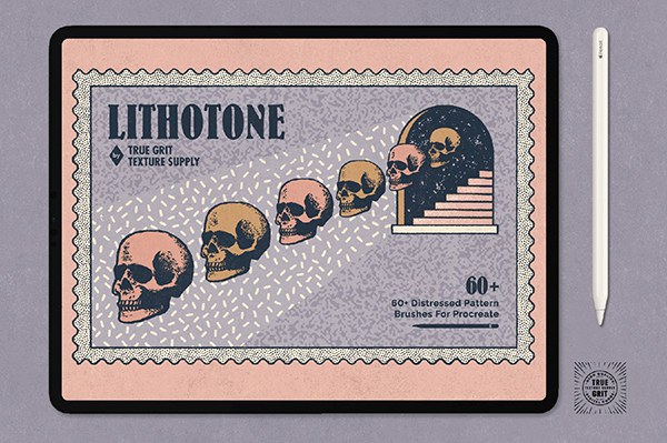 【Procreate笔刷】62款70年代复古绘画风格艺术图案手绘插画压感笔触Procreate笔刷 Lithotone Brushes for Procreate