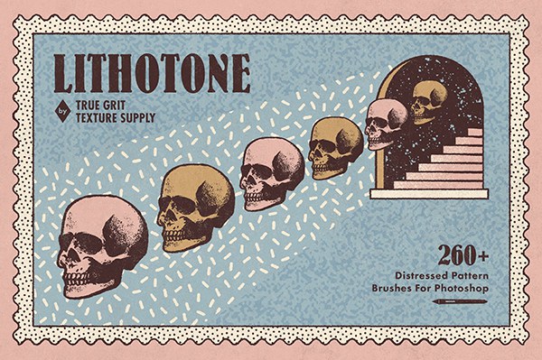 【PS笔刷】260款70年代复古绘画风格艺术图案手绘插画压感笔触Photoshop笔刷 Lithotone Brushes for Photoshop