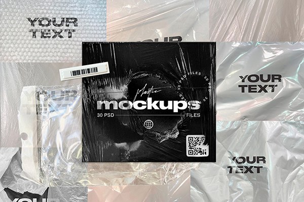 【PS样机】30款褶皱气泡透明塑料保险膜铝箔防震膜包装纸设计贴图PS样机 30 PSD Plastic Mockup Templates