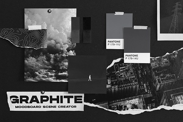 【PS样机】褶皱撕裂碎纸做旧纸张大型创意设计场景PS样机模板 Graphite | Moodboard Scene Creator