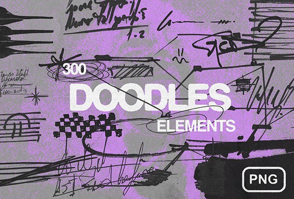 【PNG素材】300款马克笔手工标记手稿涂鸦乱涂手绘草稿PNG图片素材 Doodles elements Pack