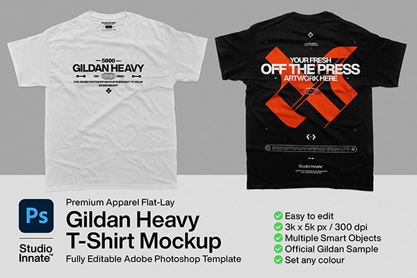 【PS样机】时尚潮牌短袖T恤平铺服装印花图案设计贴图PS样机 5000 Gildan Heavy – T-Shirt Mockup