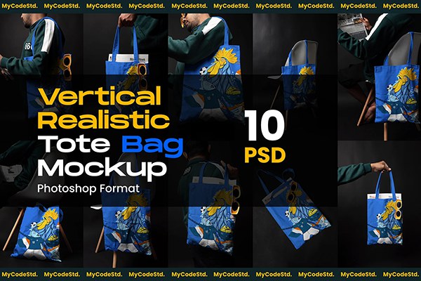 【PS样机】10款人物模特帆布袋购物袋手提袋布袋展示PS样机 Vertical Realistic Tote Bag Mockup