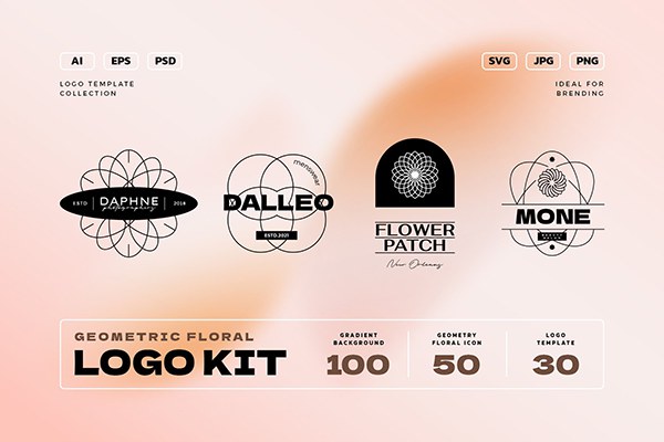 【矢量素材】180款优雅时尚极简现代手绘花卉抽象几何Logo图形渐变背景VI设计矢量素材包 Geometry Floral Logo Kit