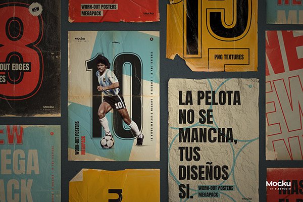 【PSD模板】复古艺术潮流做旧褶皱磨损折痕墙贴海报传单广告设计PSD样机模板 Worn out Posters Megapack