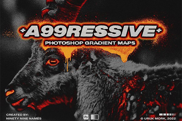 【PS渐变】140款黑暗魔法侵略冲击视觉配色效果艺术设计PS渐变贴图＋动作 99 NAMES – A99RESSIVE Gradient Maps