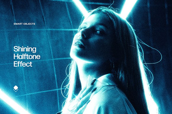 【PSD模板】半色调闪亮发光照片调色滤镜纹理PSD特效模板 Shining Halftone Photo Effect