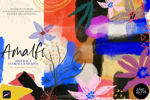 【图片素材】80多种板画水粉画手绘花草抽象涂鸦艺术形状水彩背景+Procreate笔刷 Amalfi: Abstract Floral & Shapes
