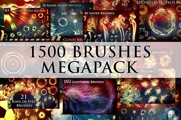 【PS笔刷】1531种抽象图形烟雾火球裂纹闪电分形装饰艺术垃圾花卉光效云彩闪电PS特效笔刷合集 1500+ Brushes Megapack