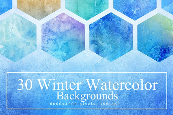 【图片素材】30张冬季淡雅水彩画涂鸦手绘插画背景纹理素材 30 Winter Watercolor Backgrounds