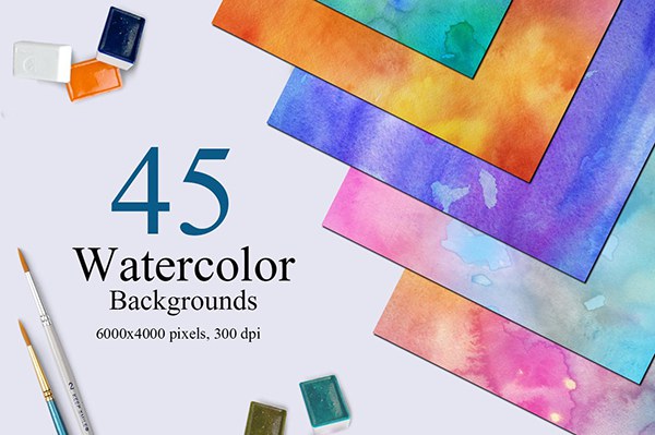 【图片素材】45张淡雅自然水粉手工画水彩纹理背景图片素材 45 Rainbow Watercolor Backgrounds