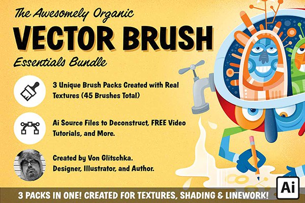 【AI笔刷】45支复古粗犷手绘插画阴影散点线条纹理着色器画笔Ai矢量笔刷 Retro Supply – The Awesomely Organic Vector Brush Essential Bundle