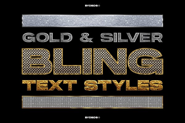【PSD模板】5款黄金钻石珠宝镶嵌纹理效果文字样式PSD模板 Gold & Diamond ‘Bling’ Text Styles