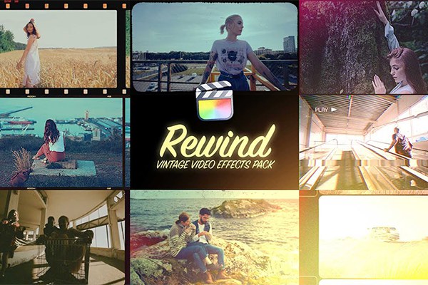 【FCPX插件】30个复古怀旧老电影胶片录像带边框刮痕光效噪点视觉特效 omotion – Rewind