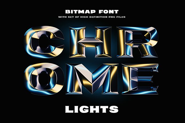 【字体】3D渲染镀铬金属棱角闪亮光泽反射艺术彩色英文字体 Chrome Lights – Bitmap Color Font