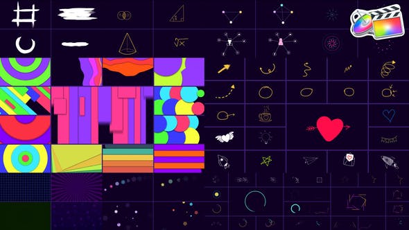 【FCPX插件】100个二维卡通彩色动态图形元素动画 Shape Elements Pack