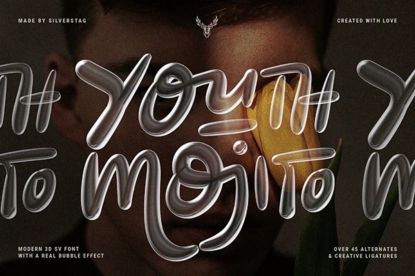 【字体】复古Y2K卡通趣味涂鸦手绘透明气泡水泡3D英文艺术字体 YOUTH MOJITO – A 3D Bubbly SVG Font