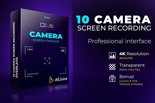 【AE/PR模板】10组相机摄影机取景器边框特效动画+视频素材 AEJuice – Camera Screen Recordings Overlays