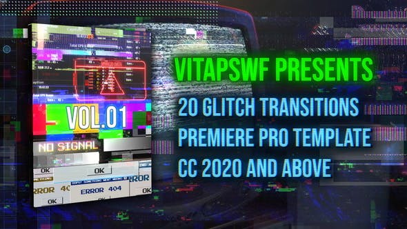 【PR模板】20种赛博朋克画面故障干扰毛刺效果过渡转场预设 Glitch Transitions Vol. 01