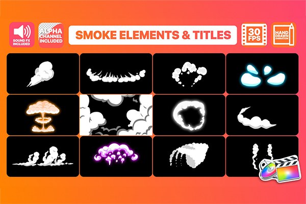 【FCPX插件】12个二维卡通手绘烟雾MG动画+3个文字标题动画 2DFX Smoke Elements And Titles