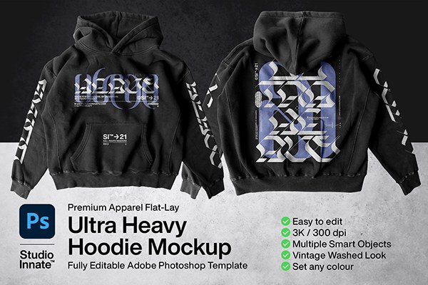 【PS样机】潮流时尚加厚宽松连帽衫卫衣服装设计PS模型样机 Ultra Heavy Hoodie Mockup