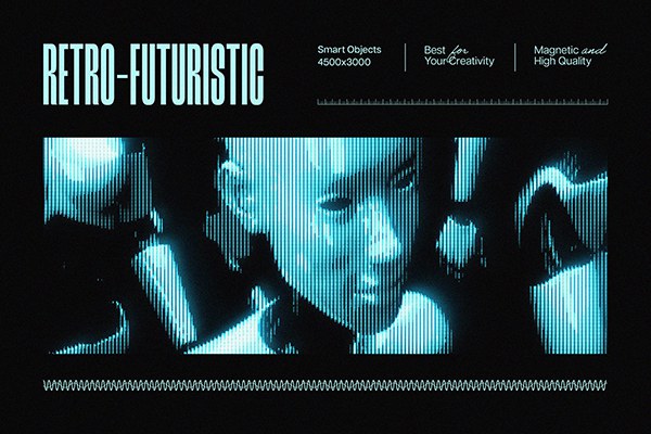【PSD模板】潮流复古未来主义LED半色调像素风照片滤镜科幻特效PSD模板 Retro-Futuristic Photo Effect