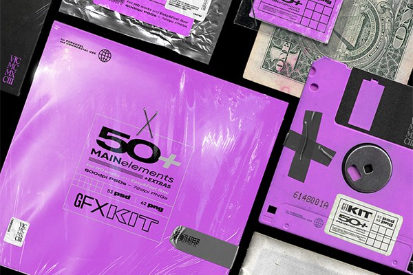 【图片素材】100+专辑封面塑料薄膜软盘胶带铝箔袋包装做旧贴纸火柴盒等复古元素PS设计套件 Vicmcmxciii – GFX KIT 50+ Elements