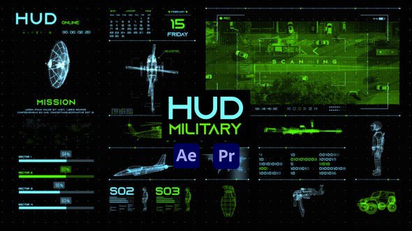 【AE/PR模板】未来科幻游戏军事全息投影UI界面HUD元素动画 HUD Military