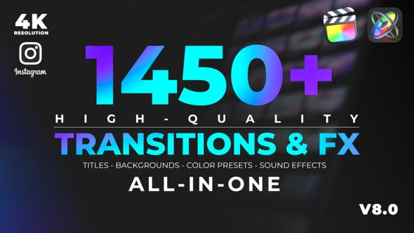 【FCPX插件】1450个拉伸旋转缩放图形水墨光效VHS故障分割转场特效调色标题动画 Unique Transitions & FX v8