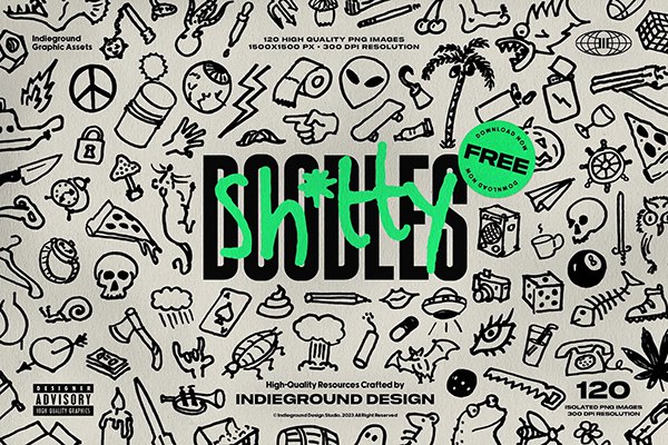 【PNG素材】120张儿童手绘涂鸦绘画卡通装饰图形PNG图片素材 Indieground – Shtty Doodles