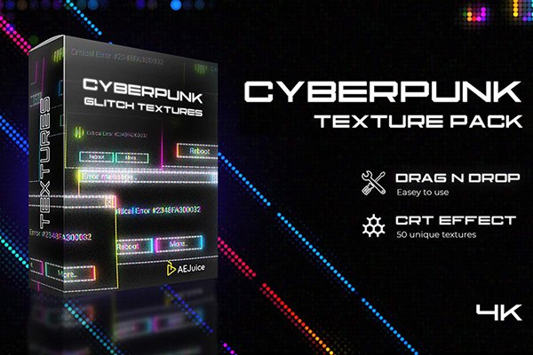 【AE/PR模板】54种赛博朋克故障干扰纹理视觉特效动画+视频素材 AEJuice – Cyberpunk Glitch Texture Pack