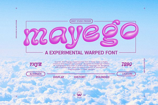 【字体】复古趣味手写Y2K流体气泡扭曲排版装饰英文字体 Mayego – Experimental Warped Font