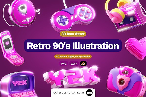 【PNG素材】20款复古90年代电子产品3D插画卡通设计Blender/PNG图片素材 3D Retro 90’s Illustration