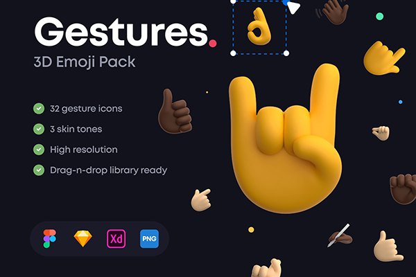 【图标素材】96款不同肤色可爱有趣3D表情符号手势图标素材 Gestures 3D Emoji Pack